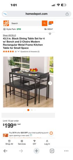 43.3 in. Black  Table set for 4 w bench