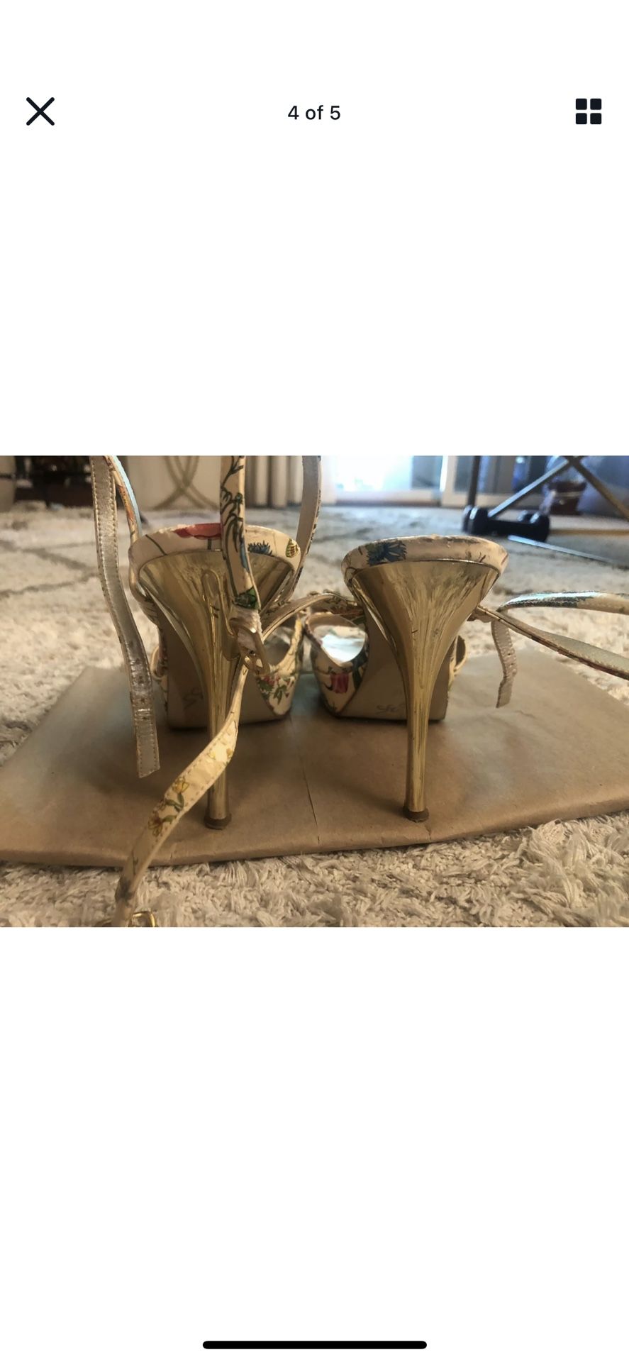 Guess Marciano Empower Patent Floral Ankle Wrap Strap Platform Gold Heels 7