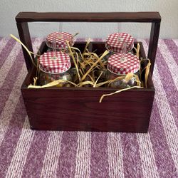 Hand made wood basket with Coca Cola Jars 