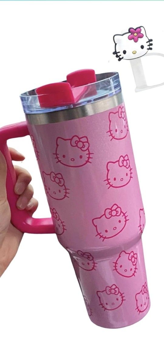 New In Box Kitty Stainless Steel Pink Glittering 40 Oz Tumbler With Straw