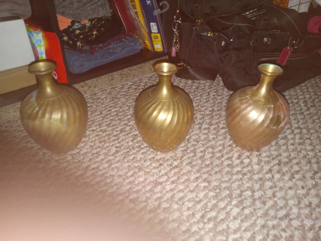 3 Brass Vases Solid Brass Vintage 