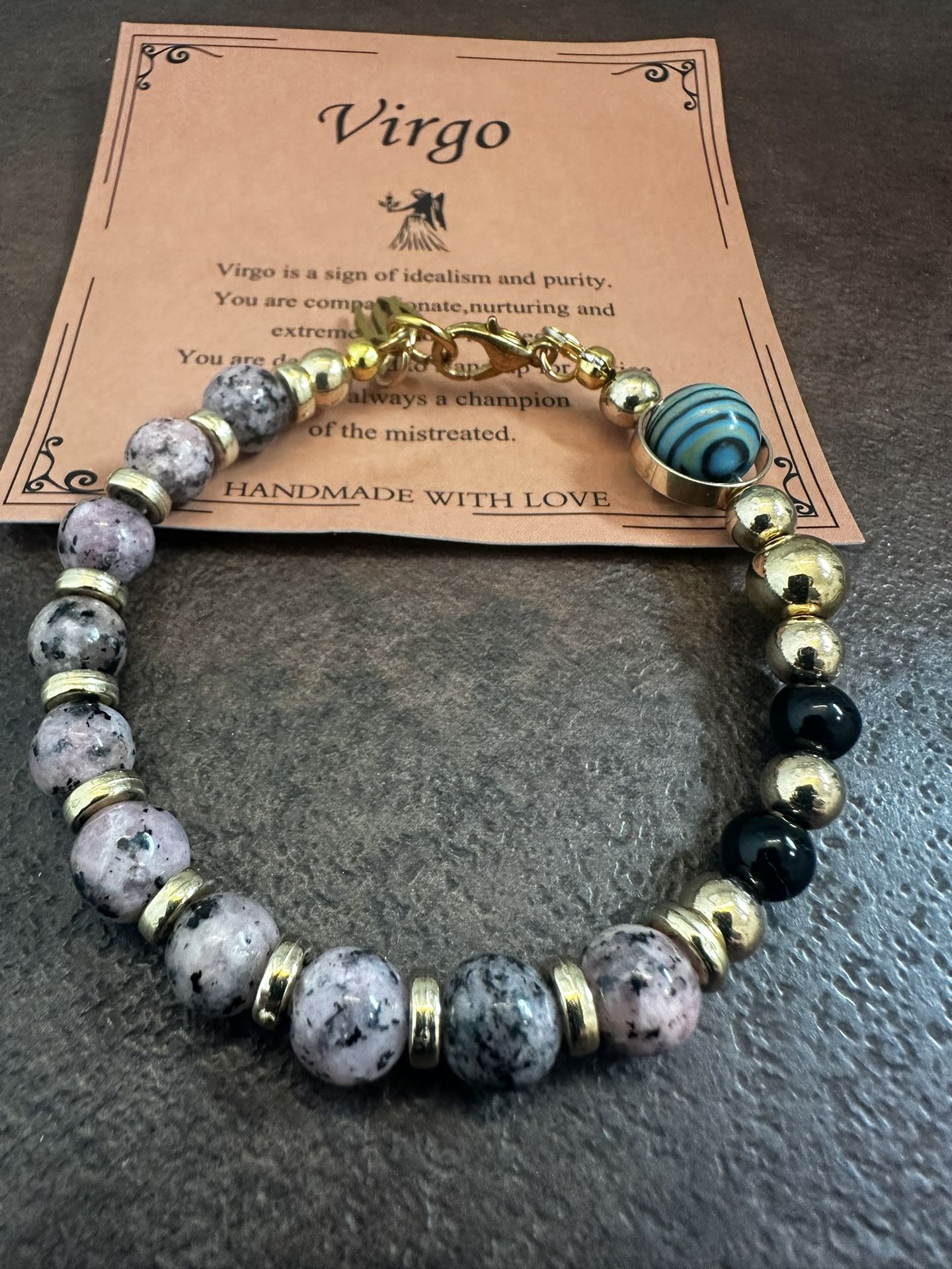 Virgo Zodiac Sign Beaded Bracelet with Gold and Black Highlights
