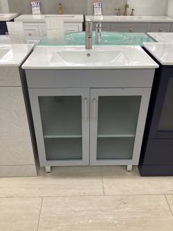 30” Bathroom Vanity Cabinet With White Grey Wood With  Ceramic Top Sink Integrated Ready For Pick Up Today