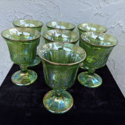 INDIANA Vintage Green Carnival Glass Harvest Grape Goblets Set (of 7)