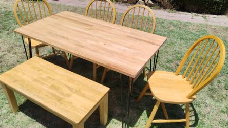 Dining table chairs and bench solid wood kitchen table set