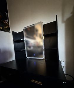 Black Vanity Desk with LED Mirror and Shelves