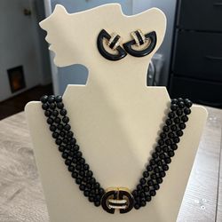 Vintage Swarovski Black Onyx Bead Art Deco S.A.L. Crystal Pendant And Earrings