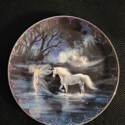 Mint Condition 1994 "Trails Of Starlight" Mimi Jobe 1st Issue Fairytale Collection Bradford Exchange Plate Featuring Fairy And Unicorn Accented Silver