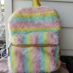 Fuzzy Rainbow Unicorn Backpack School Book Bag Faux Fur Wonder Nation Like New