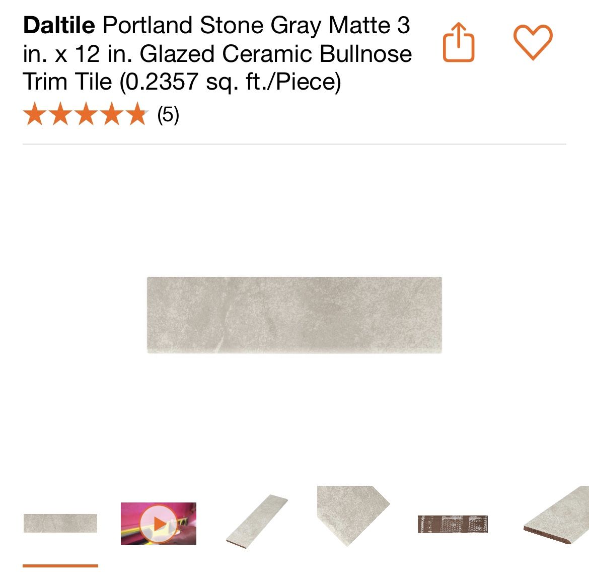 Daltile Portland Stone Gray Matte 3 in. x 12 in. Glazed Ceramic Bullnose Trim Tile (0.2357 sq. ft./Piece)
