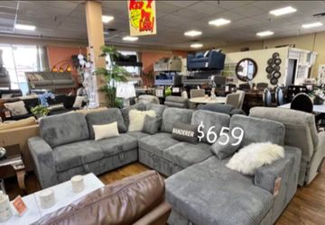 XL sectional sofa with Pull-out & double storage grey corduroy