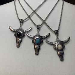 Bull Head Semiprecious Stone Pendant Necklace 