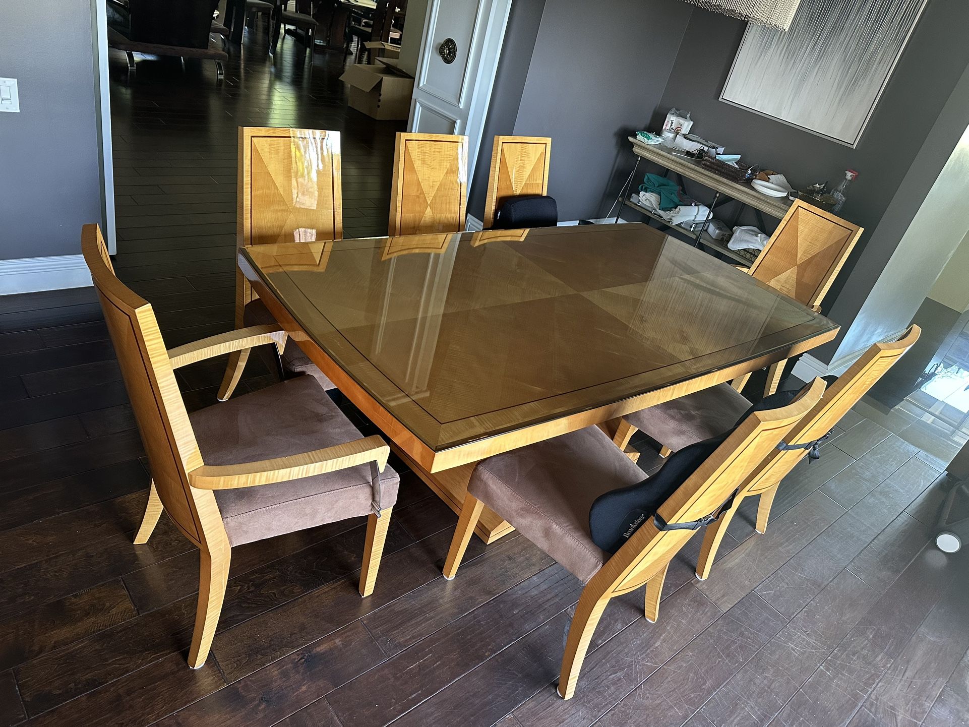 Elegant Dining Room Table With Chairs - Wood With Glass Top