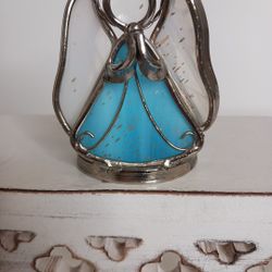 Stained Glass Handmade Angel Blue White Tapered Candle Holidays Religious Sunca