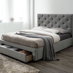 Gray Linen Like Fabric Bed with Storage Drawer