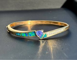Jewelry Antique 14k solid Yellow Gold Blue Topaz Opal Natural Diamond 10CTW bracelet 7.5”  6.00mm
