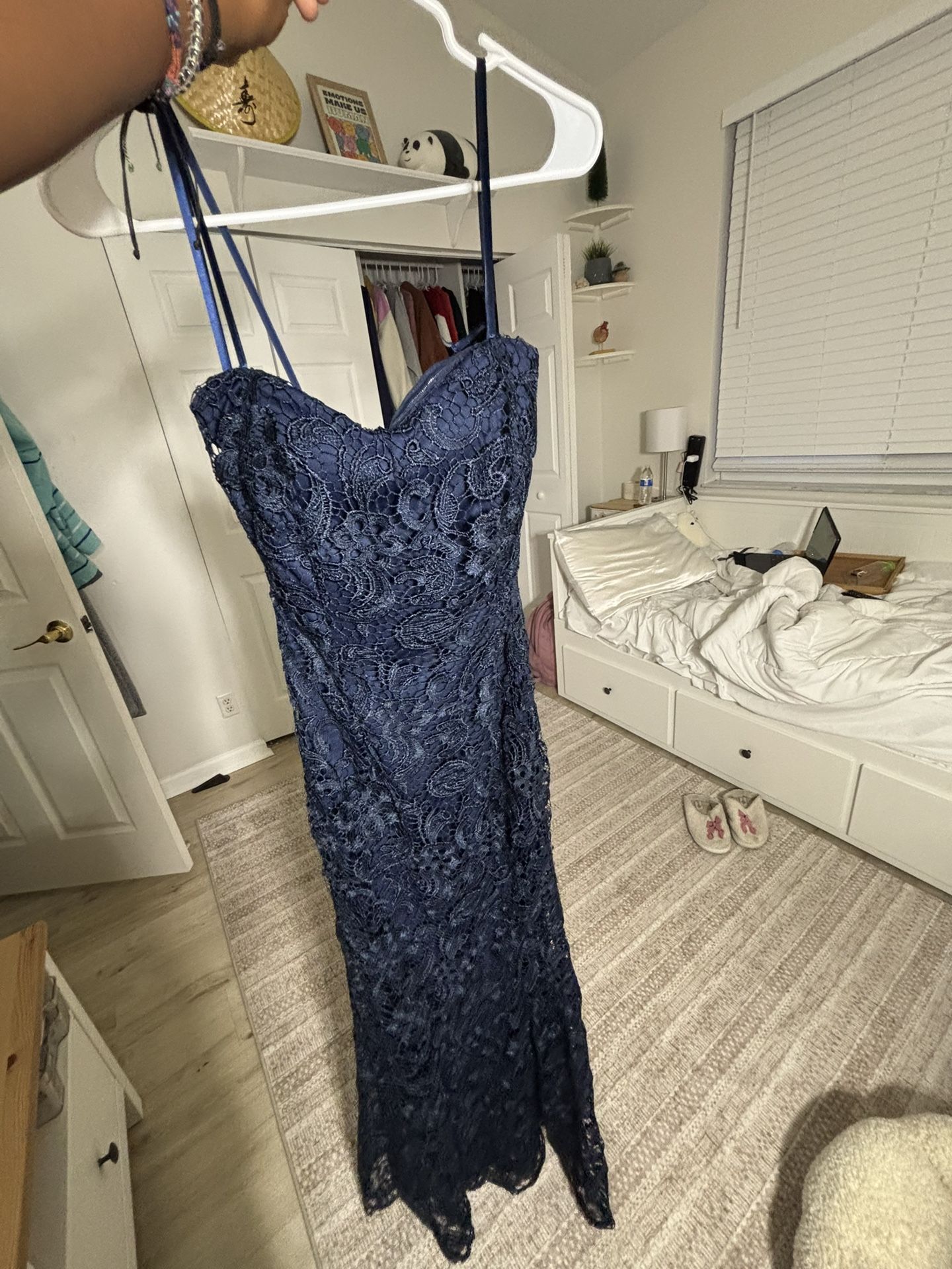prom dress, formal evening gown, lace navy bridesmaid dress
