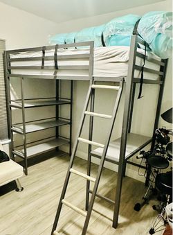 Metal Loft Bed Frame with Shelving and Desk