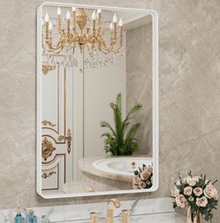 24x36 Inch White Metal Framed Bathroom Mirror For Wall, White Bathroom Vanity Mirror Farmhouse, Large Rounded Rectangle Mirror, Anti-Rust, Hangs Horiz