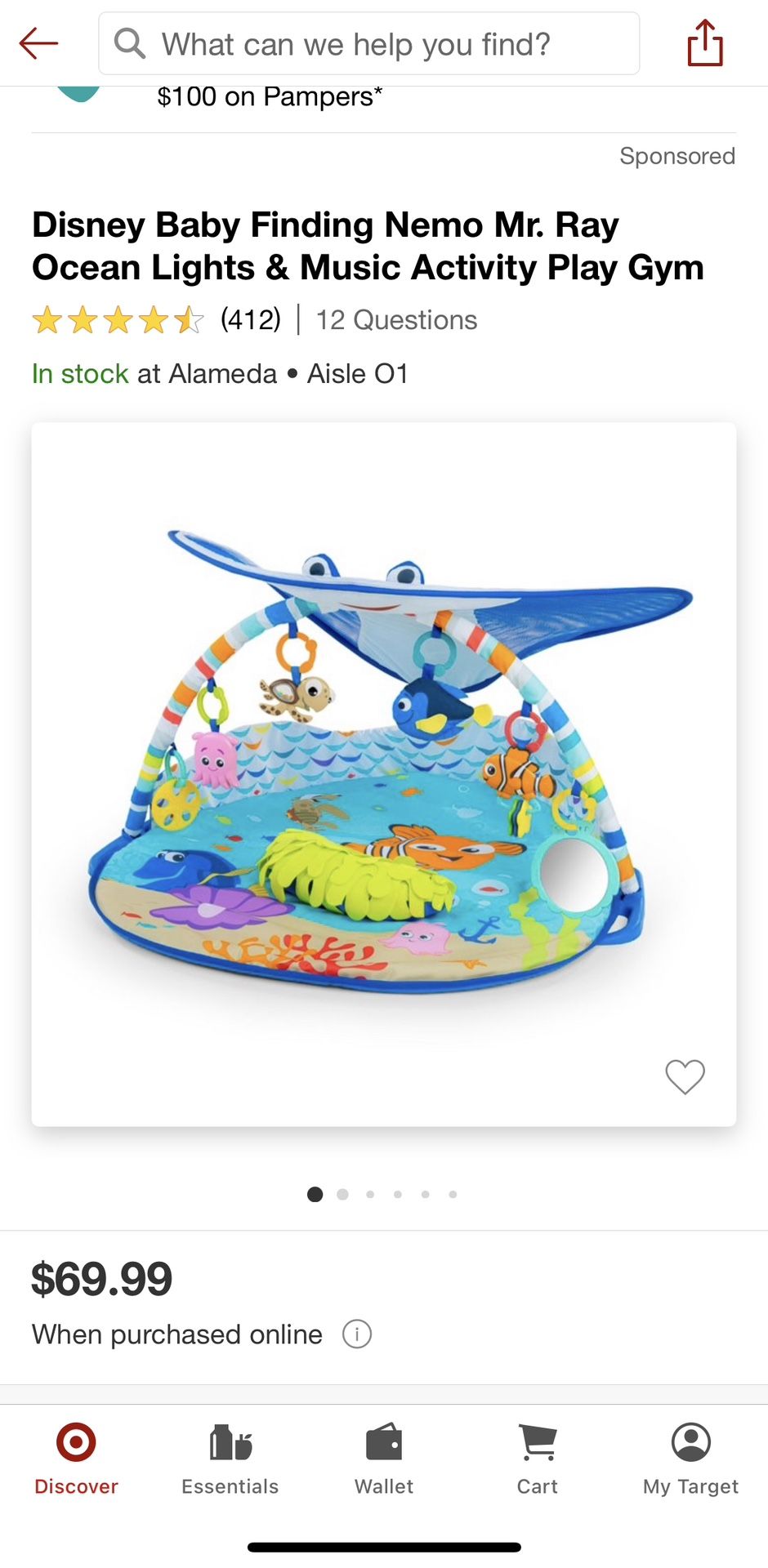 Disney Baby Finding Nemo Mr. Ray Ocean Lights & Music Activity Play Gym