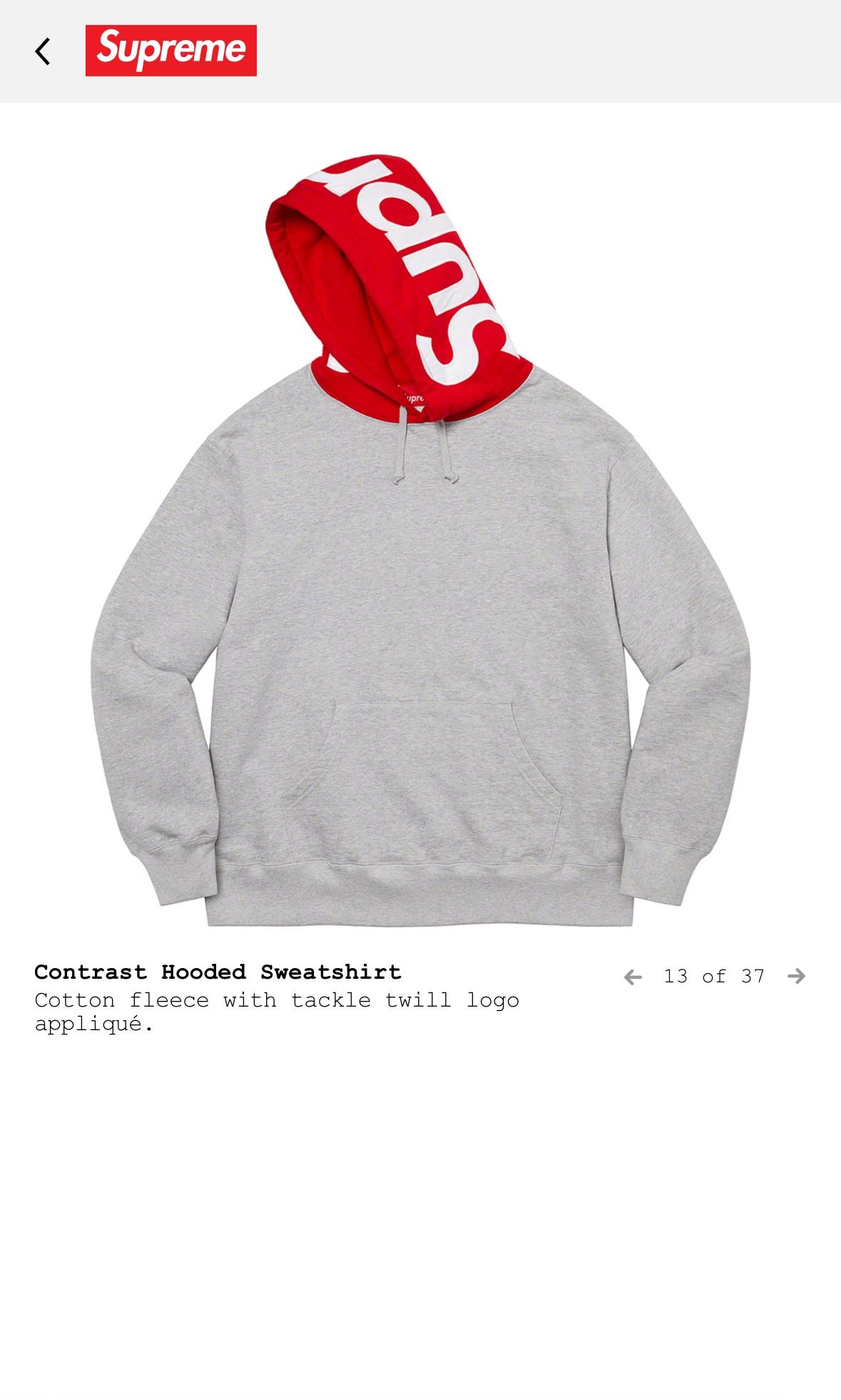 Supreme Contrast Sweatshirt FW21 HTH Grey Brand New