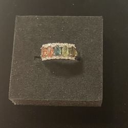 Multicolored 5 Stone Tourmaline Ring. S925 Silver. Adjustable 