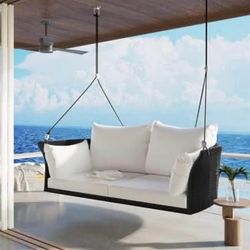 Assembled New 52” 2-Person Hanging Seat Rattan Woven Swing Chair Porch Swing with Ropes Black Wicker