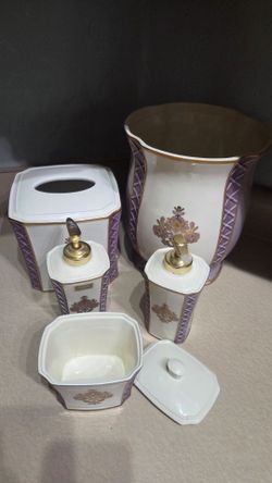Vintage Croscill 5-Piece Ceramic Bathroom Set – Purple Floral & Gold