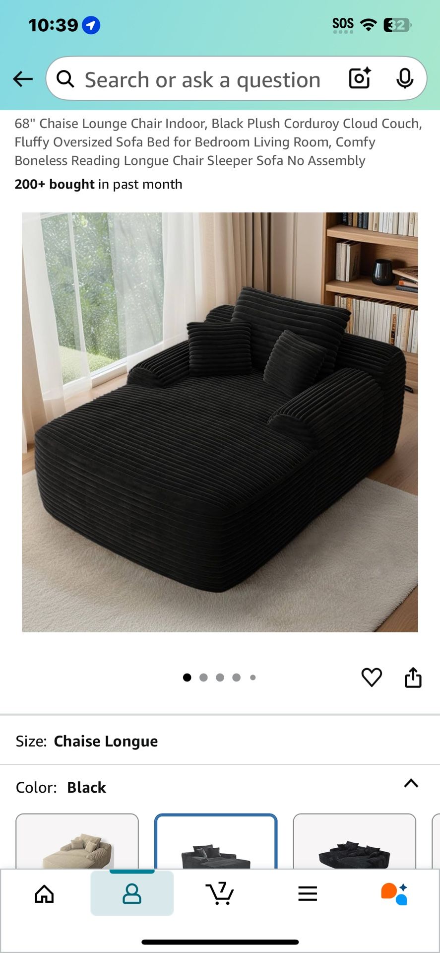 68'' Chaise Lounge Chair Indoor, Black Plush Corduroy Cloud Couch