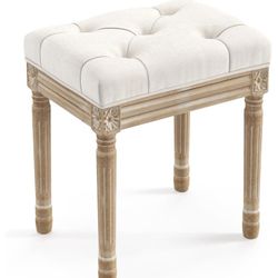 LUE BONA Upholstered Fabric Vanity Bench Seat, Makeup Stools for Vanity, Square Tufted Ottoman Bench with Carved Wood Color Legs for Bedroom Living Ro