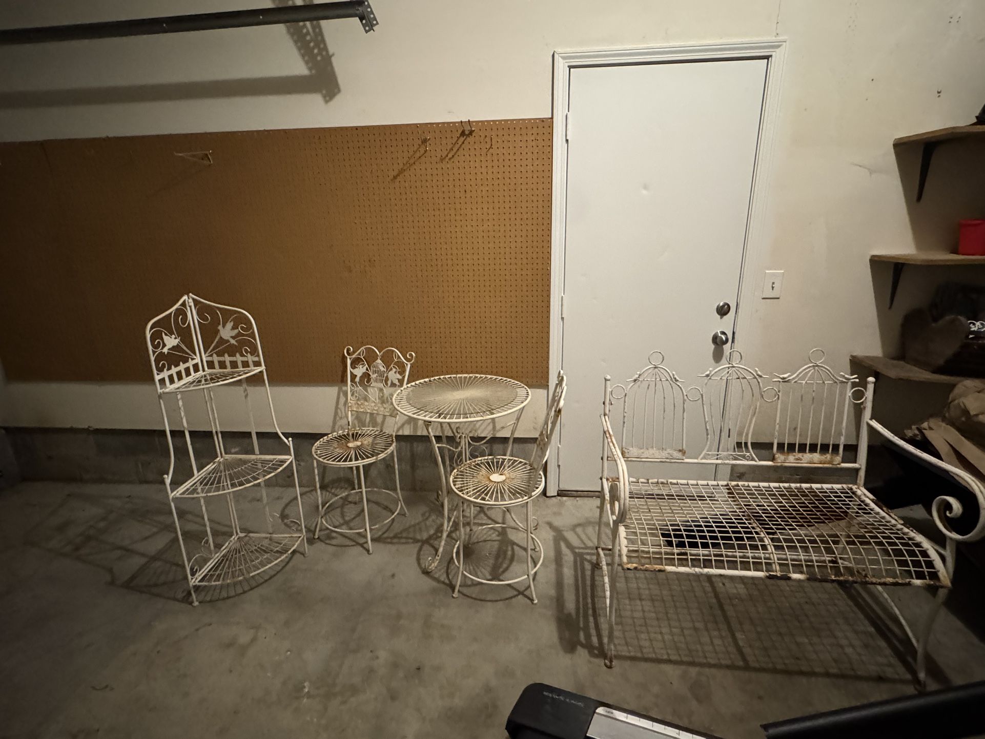 Wrought Iron Birds and Bird Cage Bistro Set, Bench and Corner Shelf/Plant Stand