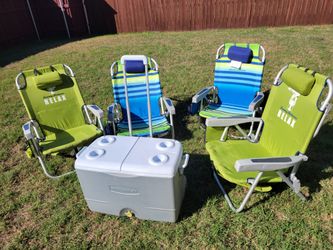 Beach lawn chairs and large wheeled cooler