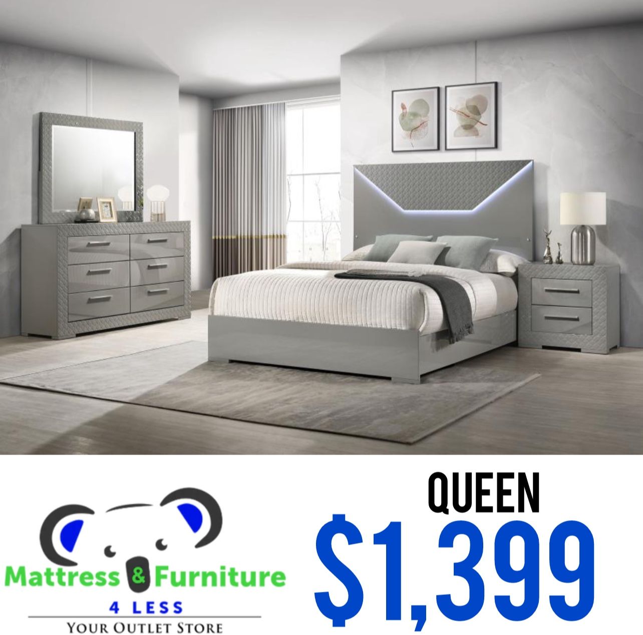 Ives 4-Piece Queen Bedroom Set Grey High Gloss