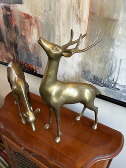 Vintage 17" Brass Deer Statues Set, XL Mid Century Modern Stag Buck and Doe Figurine, Hollywood Regency Holiday Mantle Christmas Decor