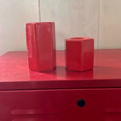 Waechtersbach Red Crackle Glaze Candle Holder Set MCM made in Germany 