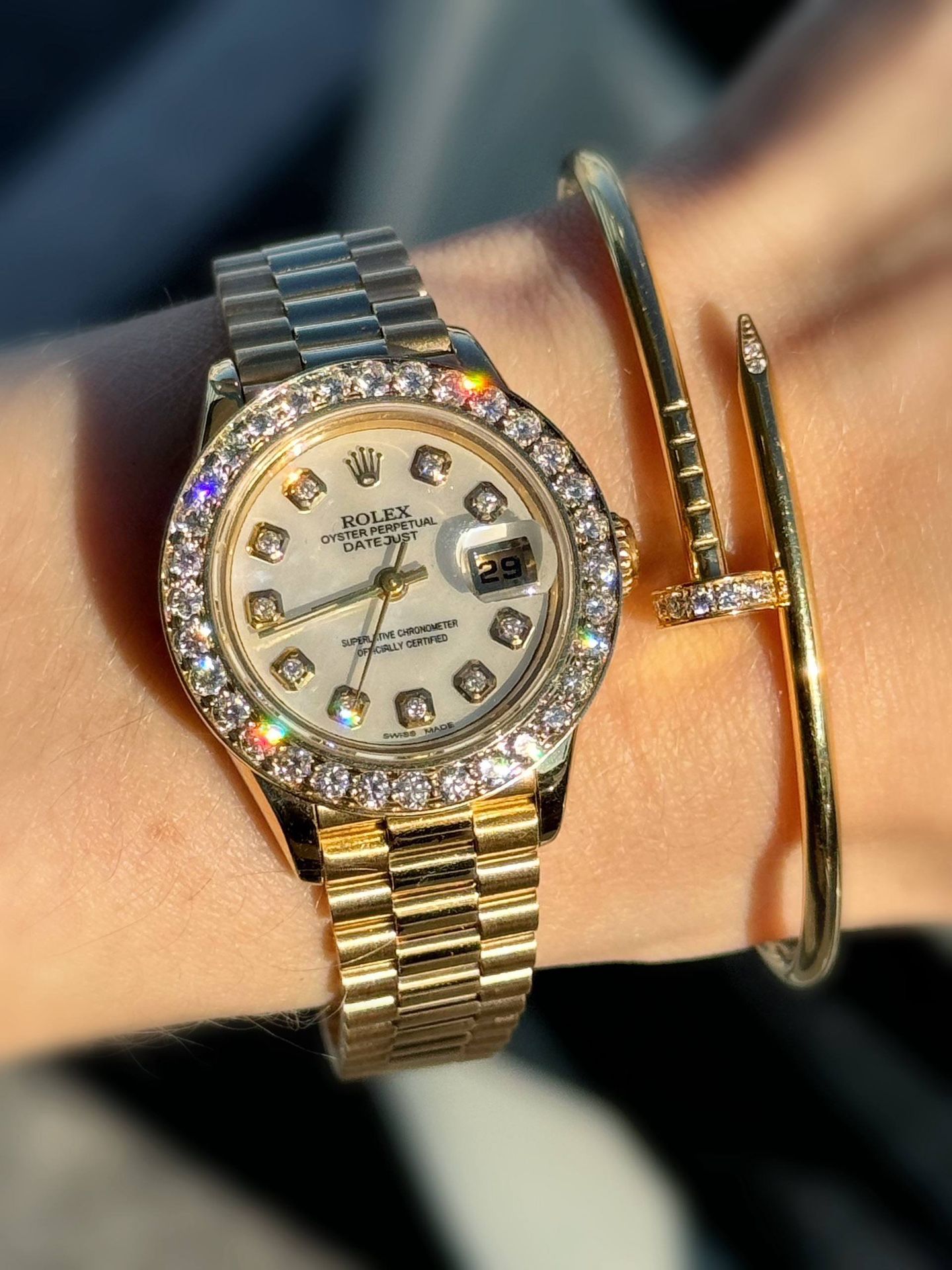 Rolex Lady-Datejust 26 26mm 18k solid yellow gold 69178 presidential MOP Diamond dial & Huge diamond bezel lady’s watch & appraisal papers