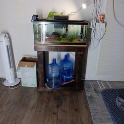 Fish Tank For Sale With Fishes,  Filter, Heater, Solid Wood Stand and Automatic Feeder