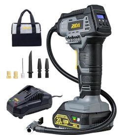 Tire Inflator Portable Air Compressor 20V Rechargeable Battery Powered Handheld 100PSI Tire Inflator with Tire Pressure Gauge 7 Nozzle Adapters 2.0Ah 