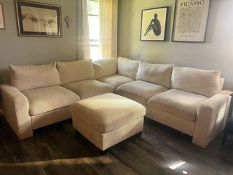2-Piece Corduroy Sectional with Matching Ottoman – Cream / Off-White