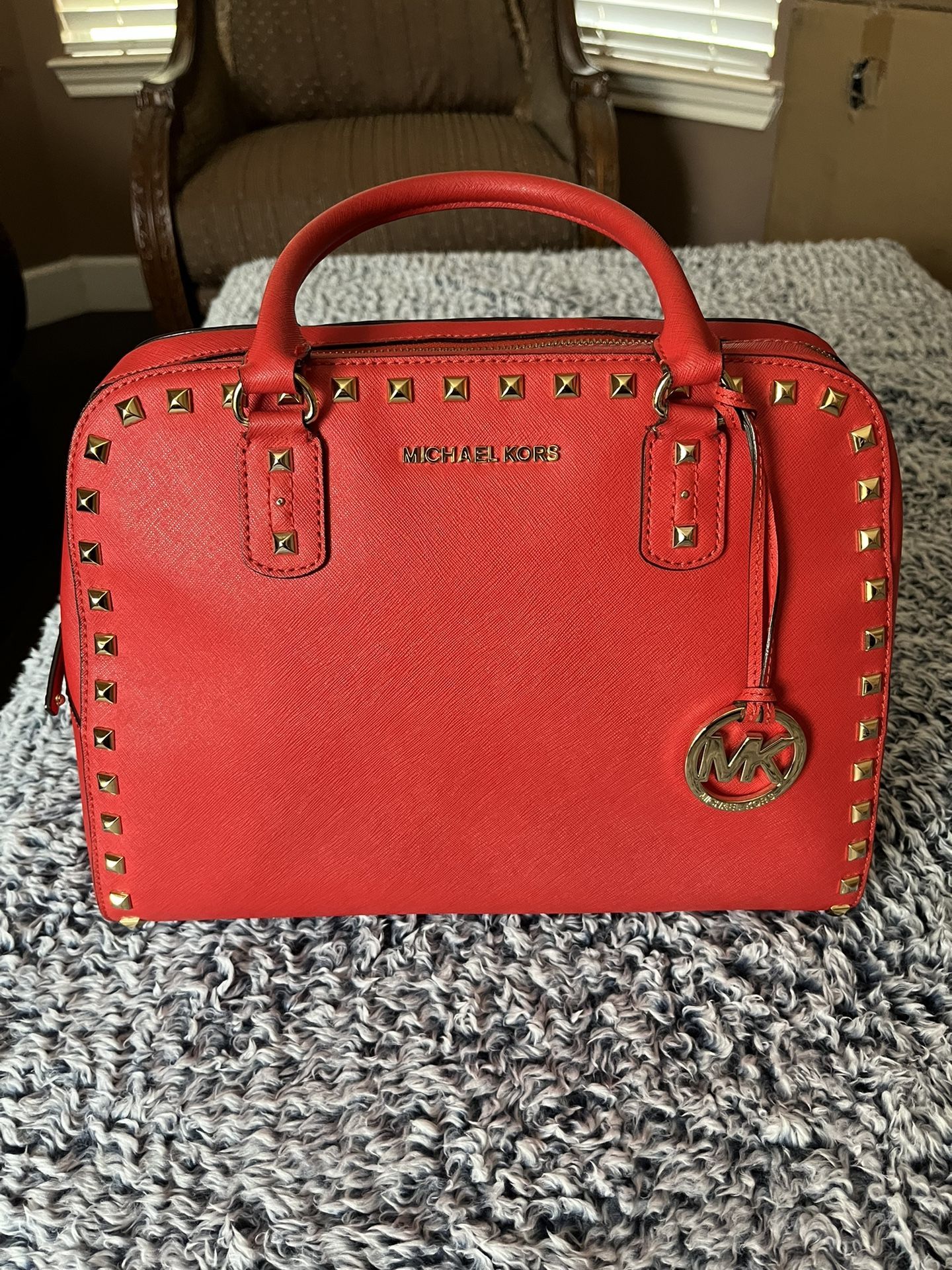 Michael Kors Sandrine Large Leather Satchel Red
