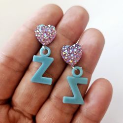 Letter Z Monogram Sparkly Purple Lavender Heart Aqua Blue 90s Style Earrings