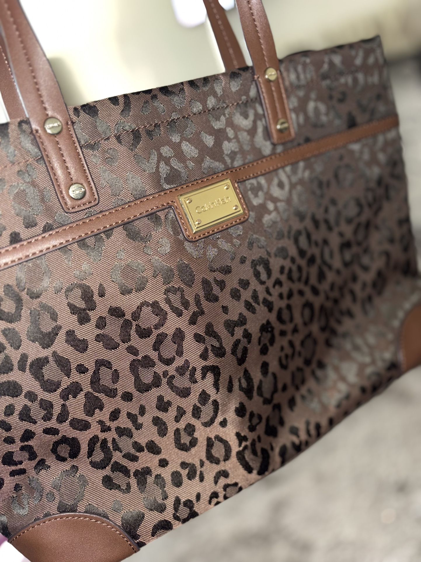 Calvin Klein Teodora Jacquard Leopard Print Shoulder Tote Purse Handbag