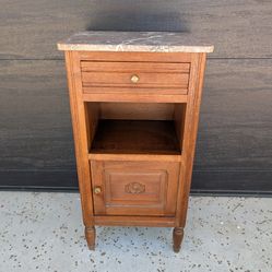 Antique French Oak Bedside Table with Marble Top