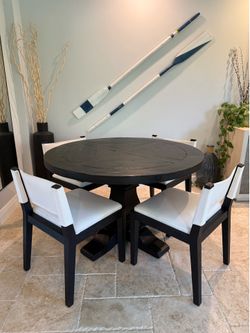 Restoration Hardware dining set, Saddle Fabric Dining Side Chairs. RH. White seat with black oak.SALVAGED WOOD TRESTLE ROUND.