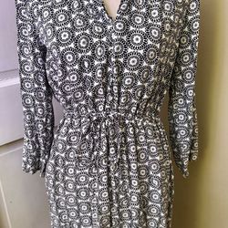 Ann Taylor Loft Dress Womens Petite 8 Black & White Geometric 3/4 Sleeve V Neck