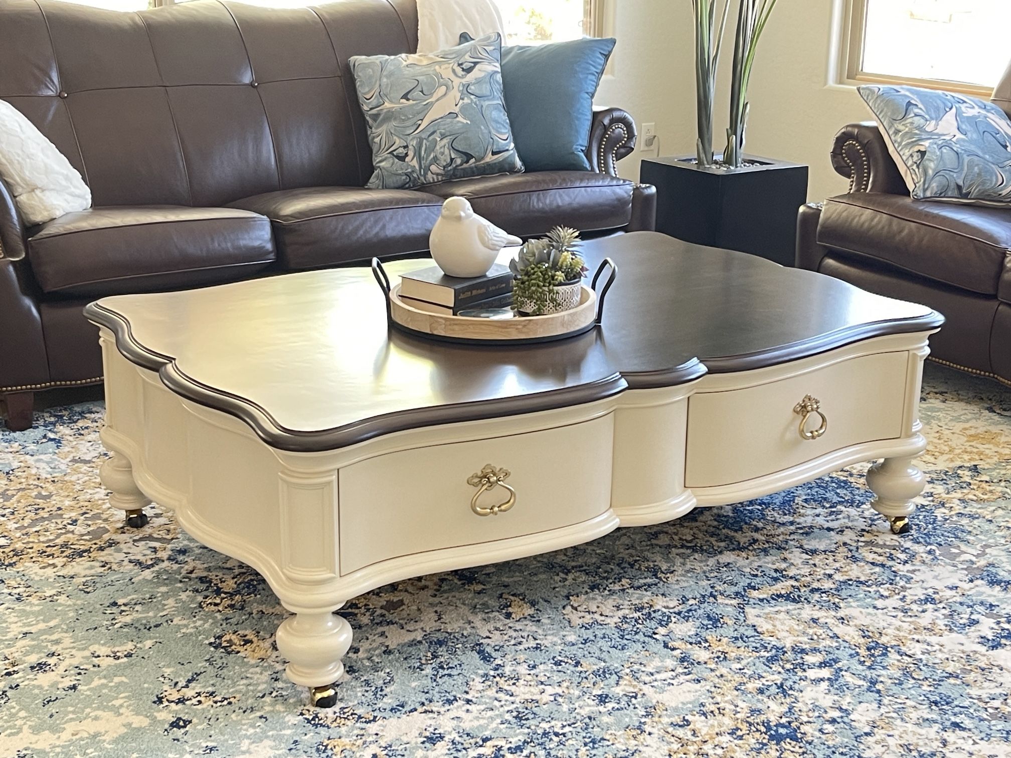 Refinished! Thomasville Brunello Cocktail Coffee Table, Large & on Casters, 2 Storage Drawers, $1,300 Originally
