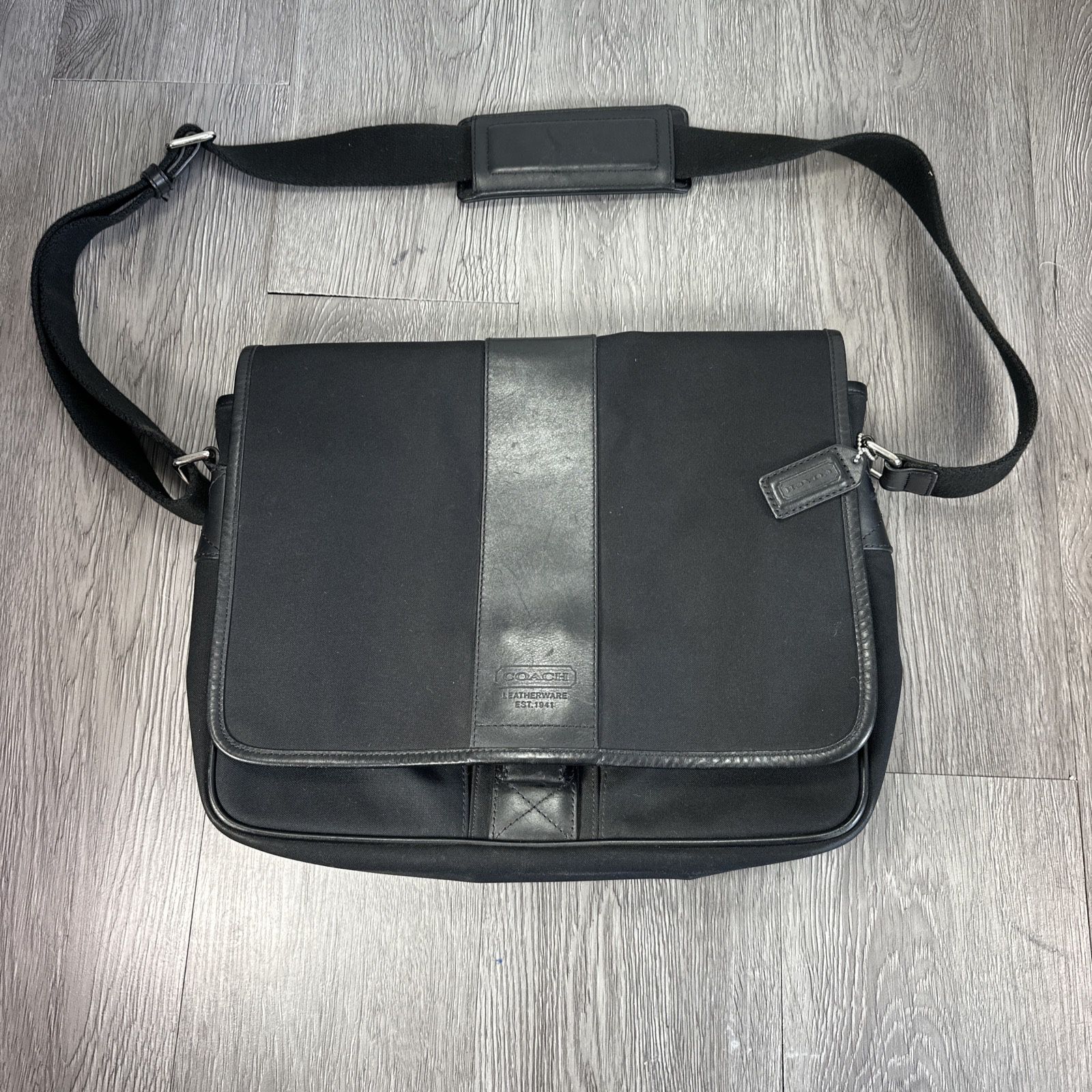 COACH Black Leather Nylon Briefcase Laptop Messenger Shoulder Bag Buckle Strap