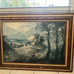 Large Breathtaking Vintage Framed Pastoral Landscape Art – 44” x 34”