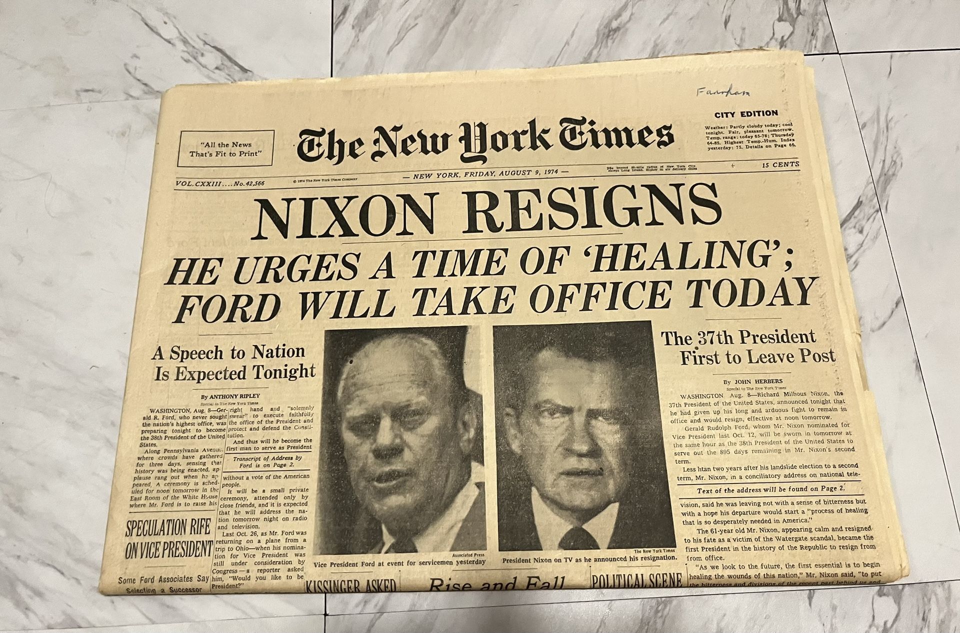 Original Vintage new York Times Headlines “ Nixon Resigns “