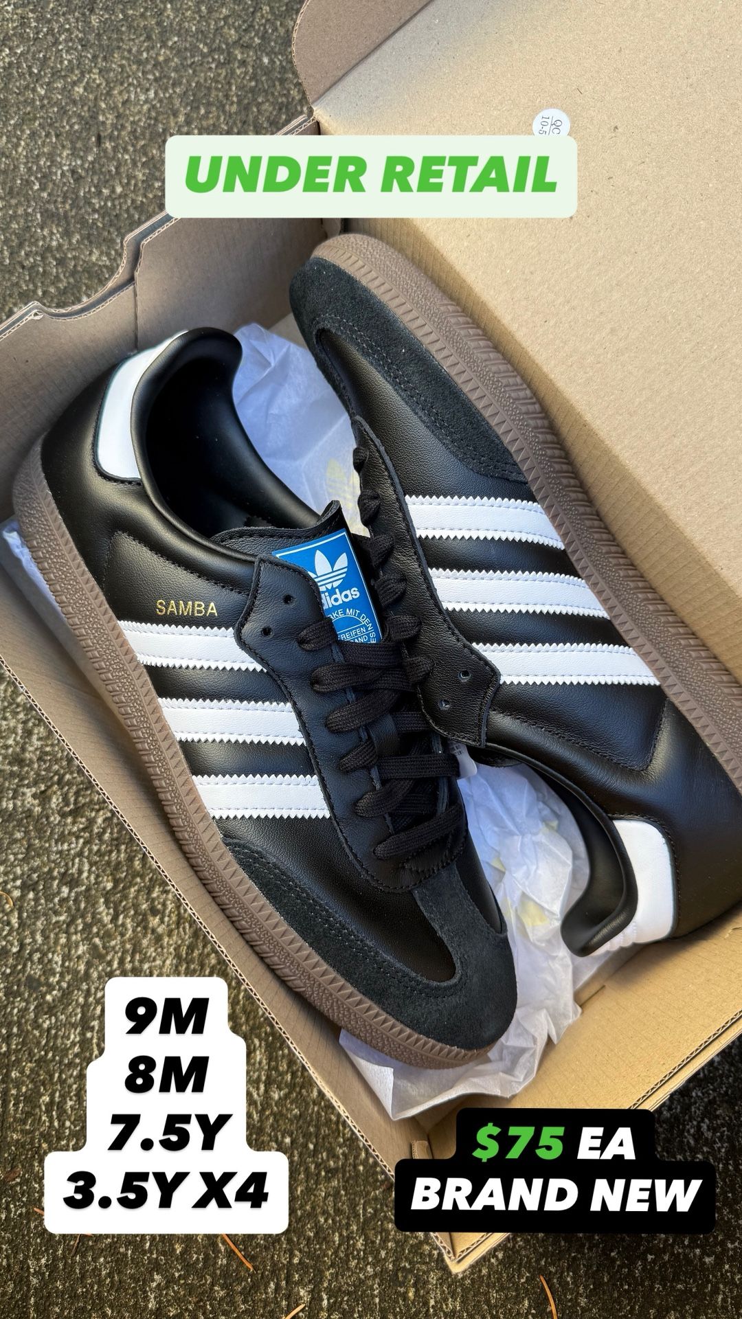 New Adidas Samba Black Sizes 9M 8M 7.5Y 3.5Y